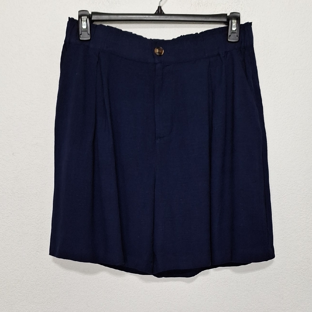 I NEW Navy Blue Coastal Preppy Pleated Front Button High Rise Shorts Size XL